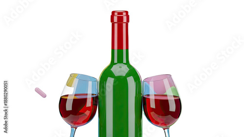 Bottle of Red Wine with Two Glasses and a Pill