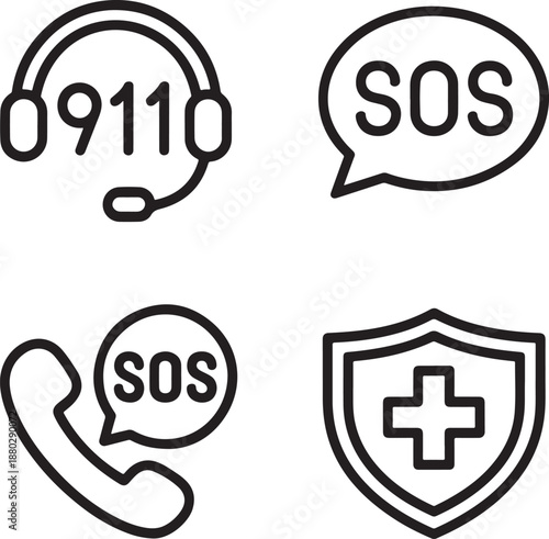 Emergency Service Icons Set with SOS and Helpline Symbols