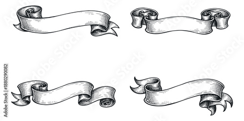 Hand drawn line art banner set featuring empty scroll and ribbon elements for graphic design