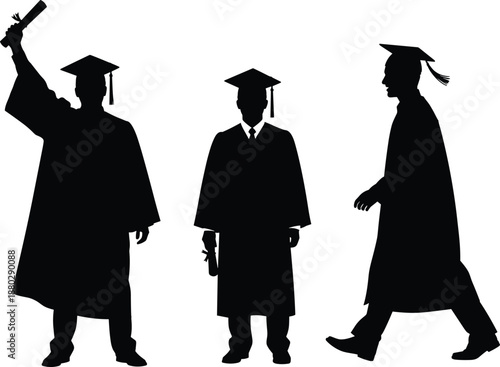 Graduation student silhouette illustration showing graduates wearing caps and gowns, holding diplomas, walking and celebrating academic success, education achievement, and commencement concept
