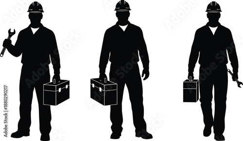 Industrial worker silhouette illustration set showing mechanic technician and construction laborer holding wrench and toolbox isolated on white background repair service concept