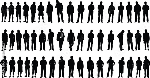 Men standing silhouette illustration set showing multiple male figures in casual and business poses, human characters collection, social diversity, lifestyle concept for design use