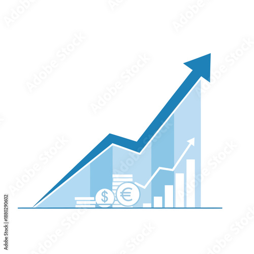 Happy New Years financial growth graph showing upward trend with currency symbols and stacks of money illustrated