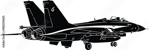 Military fighter jet silhouette illustration side view modern combat aircraft with missiles landing gear isolated on white background aviation defense concept