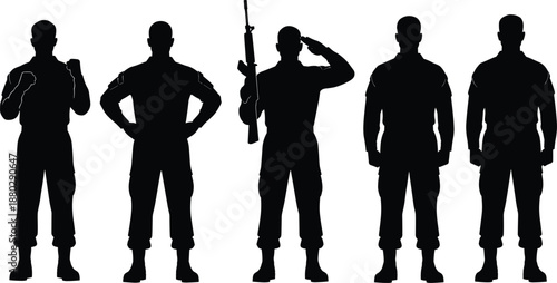 Military soldier silhouette illustration showing armed and unarmed standing poses including salute, rifle carry, and combat readiness positions in black and white vector style