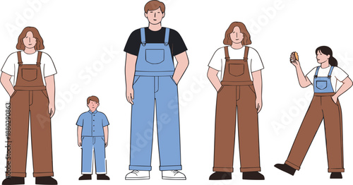 Flat vector illustration of diverse people wearing casual overalls standing in different poses on white background