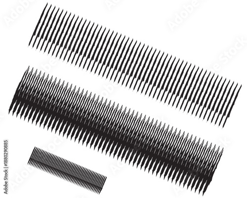 Three black brush  combs of varying sizes on a white background