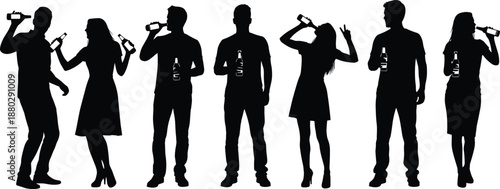 People drinking alcohol silhouette illustration showing men and women holding beer bottles, celebrating party lifestyle, nightlife social gathering, and casual entertainment concept