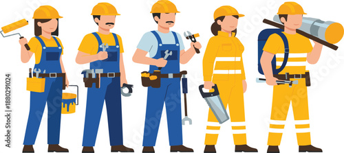 Flat vector illustration set of construction and repair workers wearing safety helmets and uniforms for industry maintenance and labor services