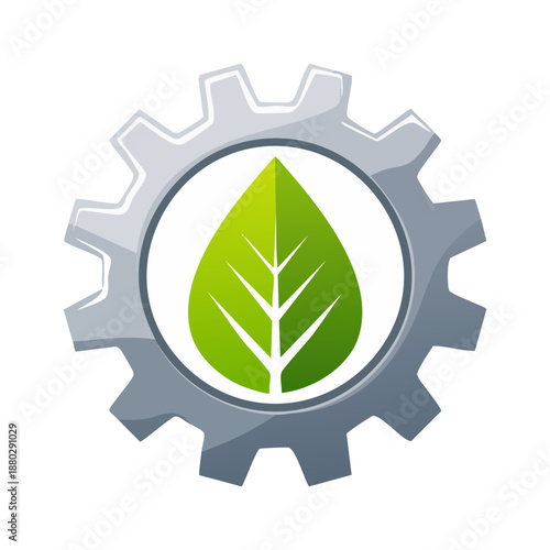 Eco Gear Leaf Icon. Sustainable Technology and Green Industry Symbol.