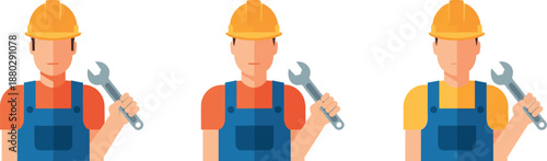 Flat vector illustration set of construction worker characters wearing safety helmets and holding wrench tools for repair concept