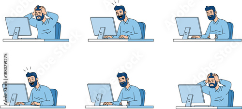 Flat style office worker man using desktop computer with different emotions including stress, happiness, and concentration vector illustration