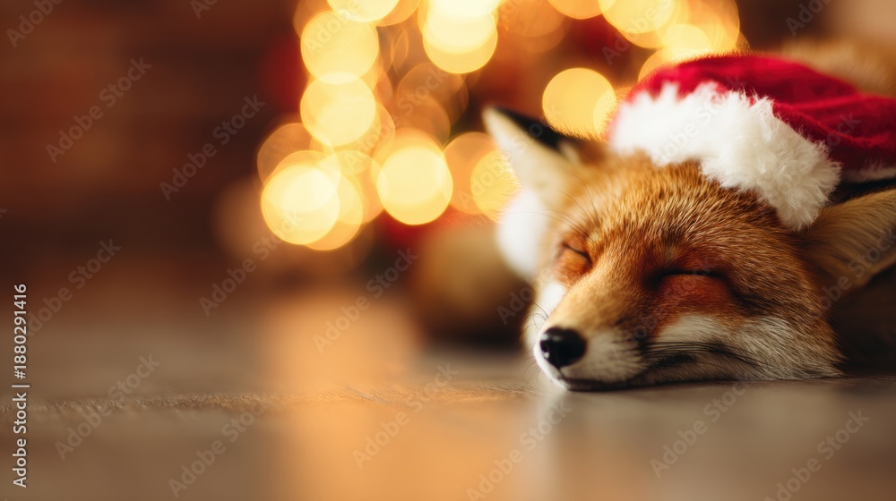 Obraz premium Fox sleeps by festive lights during winter season