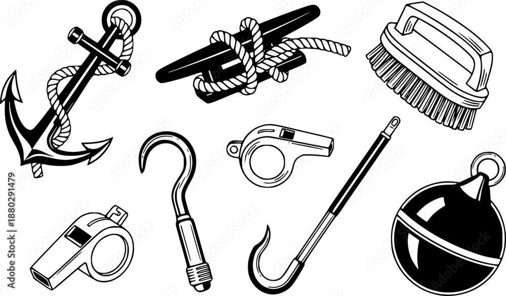Fototapeta premium Nautical equipment collection: anchor, cleat, brush, whistle, boat hook, and buoy 