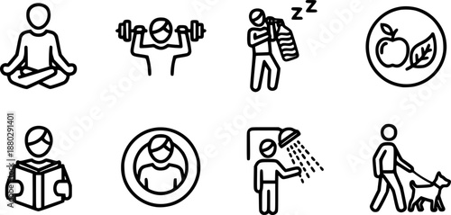 Healthy lifestyle icons representing daily routine and self-care activities
