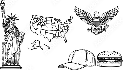 Hand-drawn american symbols: statue of liberty, usa map, bald eagle, cap, and burger
