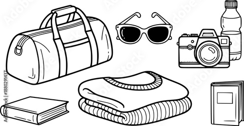Doodle style travel essentials including a duffel bag, sunglasses, camera, sweater, water bottle, and book
