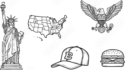 Hand-drawn american symbols: statue of liberty, usa map, bald eagle, cap, and burger

