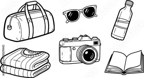 Doodle style travel essentials including a duffel bag, sunglasses, camera, sweater, water bottle, and book

