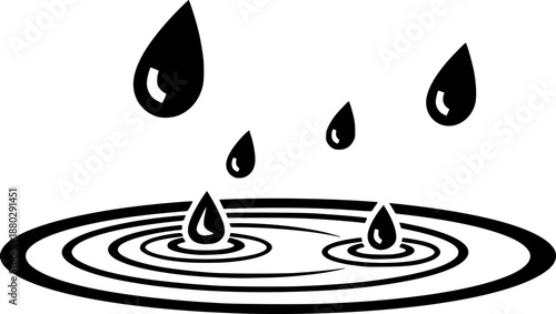 Simple black and white illustration of raindrops falling into a puddle
