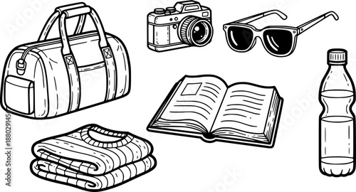 Doodle style travel essentials including a duffel bag, sunglasses, camera, sweater, water bottle, and book
