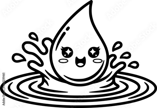 Cute kawaii water drop character splashing into ripples with happy expression
