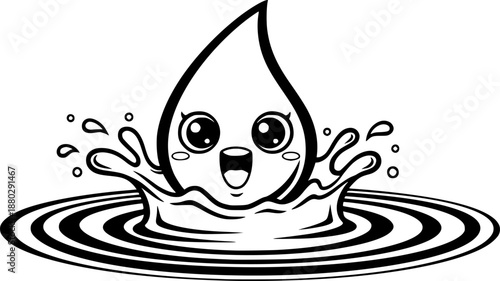 Cute kawaii water drop character splashing into ripples with happy expression
