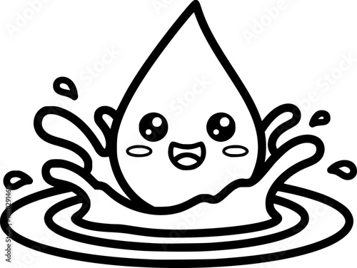Cute kawaii water drop character splashing into ripples with happy expression
