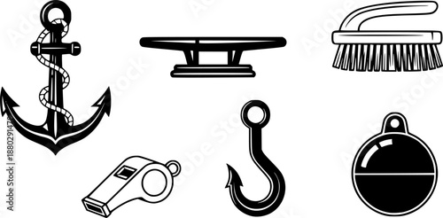 Nautical equipment collection: anchor, cleat, brush, whistle, boat hook, and buoy
