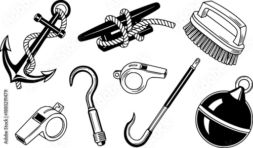 Nautical equipment collection: anchor, cleat, brush, whistle, boat hook, and buoy
