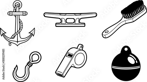 Nautical equipment collection: anchor, cleat, brush, whistle, boat hook, and buoy
