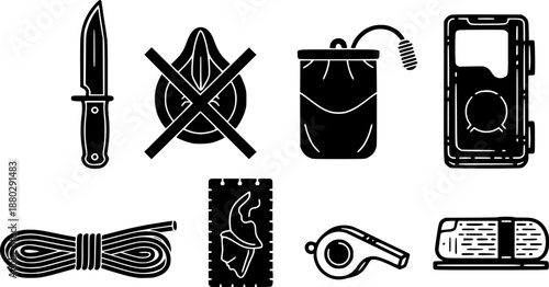 Essential survival gear collection including a knife, repellent, water pouch, rope, guide, and whistle
