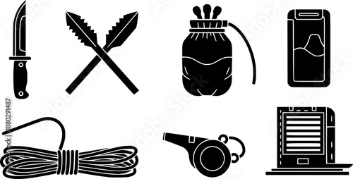 Essential survival gear collection including a knife, repellent, water pouch, rope, guide, and whistle
