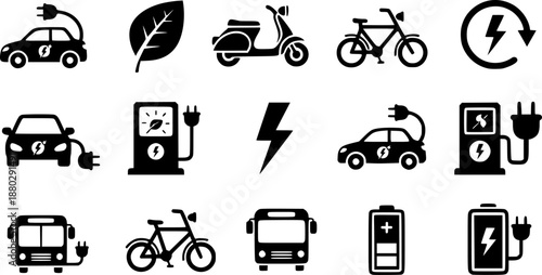Electric vehicle icons set for eco-friendly transportation and green energy
