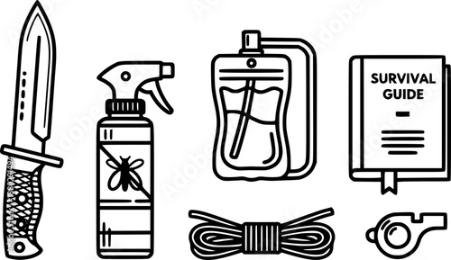 Essential survival gear collection including a knife, repellent, water pouch, rope, guide, and whistle
