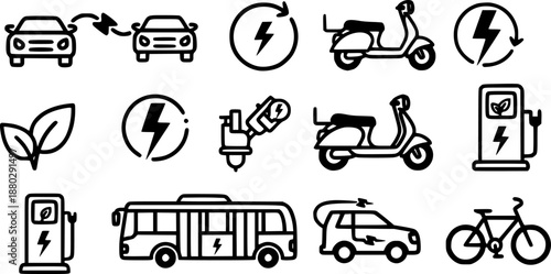 Electric vehicle icons set for eco-friendly transportation and green energy
