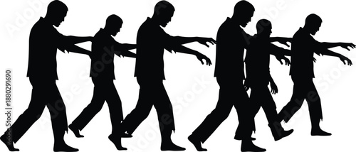 Zombie walking silhouettes illustration set showing undead people marching with outstretched arms isolated on white background horror apocalypse concept