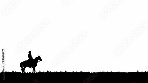 Cowboy riding horse in silhouette against white background