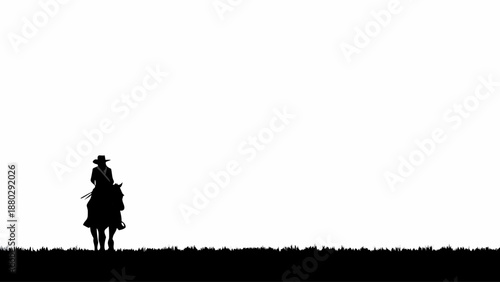 Cowboy riding horse in silhouette against white background