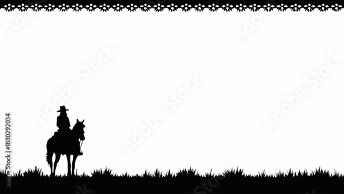 Cowboy riding horse in scenic landscape with decorative border