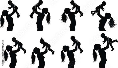 Set of Mother and Baby Silhouettes with Woman Holding Infant and Toddler in Various Nurturing Poses Isolated on White Background for Family Parenthood Design