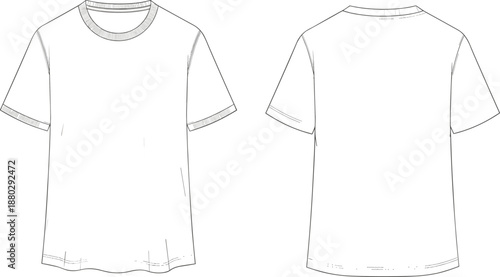 Blank White T-shirt Mockup Technical Drawing Set with Front and Back View Isolated on White Background for Fashion Apparel Design and Clothing Brand Branding