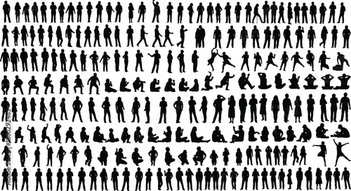 Mega Collection of Diverse People Silhouettes Set with Men and Women in Various Standing Sitting and Walking Poses Isolated on White Background for Graphic Design