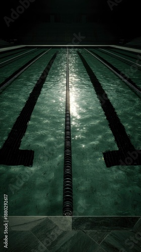 Swimming pool lanes with water and sunlight reflection.