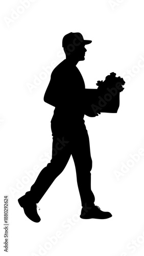 Delivery Man Carrying Grocery Box Silhouette - Food Courier Service Vector Graphic