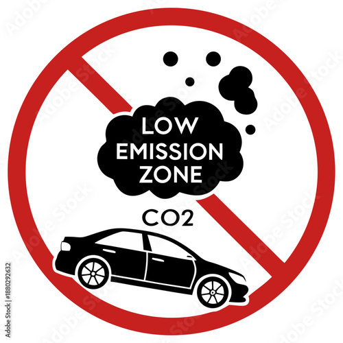 Low Emission Zone Sign Silhouette - CO2 Car Exhaust Prohibited Vector Icon