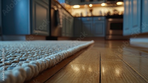 Low angle view of a kitchen floor and rug