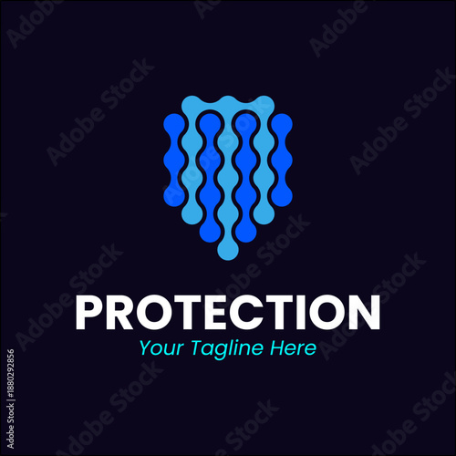 Abstract shield logo made of interconnected nodes. Strong symbol for cyber security, data protection, network safety, and antivirus software. Modern blue technology graphic for brand security.
