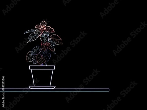 Neon plant in a pot, black background, minimalist design.