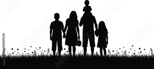 Black silhouette of a happy family with three children standing in a meadow of tall grass and wildflowers isolated on white background for nature projects